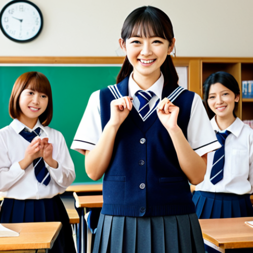 **

"A bright and modern Japanese school classroom filled with smiling, fully clothed students in neat school uniforms, learning with a kind teacher. Safe for work, appropriate content, professional, modest, family-friendly. Soft, diffused lighting, perfect anatomy, correct proportions, natural pose, well-formed hands, proper finger count, natural body proportions, high-resolution, professional illustration."

**