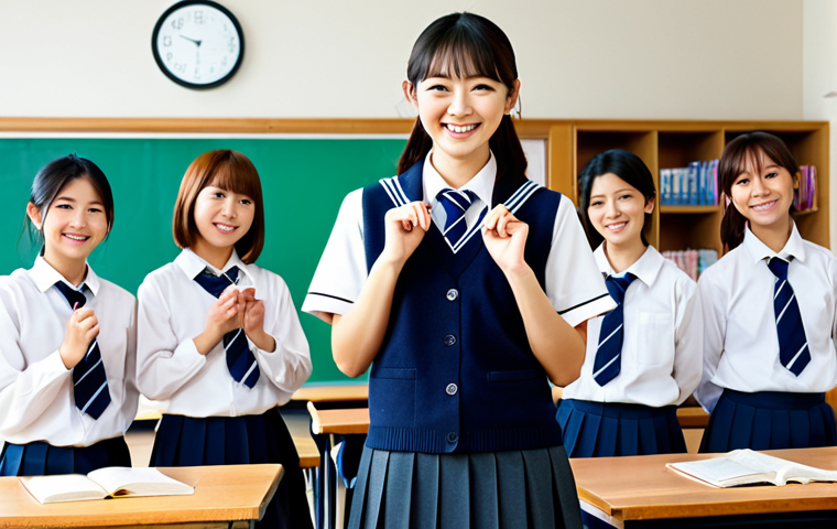 **

"A bright and modern Japanese school classroom filled with smiling, fully clothed students in neat school uniforms, learning with a kind teacher. Safe for work, appropriate content, professional, modest, family-friendly. Soft, diffused lighting, perfect anatomy, correct proportions, natural pose, well-formed hands, proper finger count, natural body proportions, high-resolution, professional illustration."

**