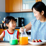 STEAM Education at Home**

A safe for work, family-friendly scene of a mother and child (5-6 years old) conducting a simple science experiment at their kitchen table. The experiment involves baking soda and vinegar, creating a small, safe reaction. The kitchen is bright and clean, with typical Japanese household items visible. Both are fully clothed in modest, everyday attire. Focus on the child's curiosity and engagement. Appropriate content, professional photography, perfect anatomy, correct proportions, natural pose.

**