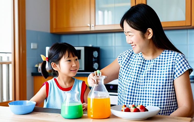 STEAM Education at Home**

A safe for work, family-friendly scene of a mother and child (5-6 years old) conducting a simple science experiment at their kitchen table. The experiment involves baking soda and vinegar, creating a small, safe reaction. The kitchen is bright and clean, with typical Japanese household items visible. Both are fully clothed in modest, everyday attire. Focus on the child's curiosity and engagement. Appropriate content, professional photography, perfect anatomy, correct proportions, natural pose.

**