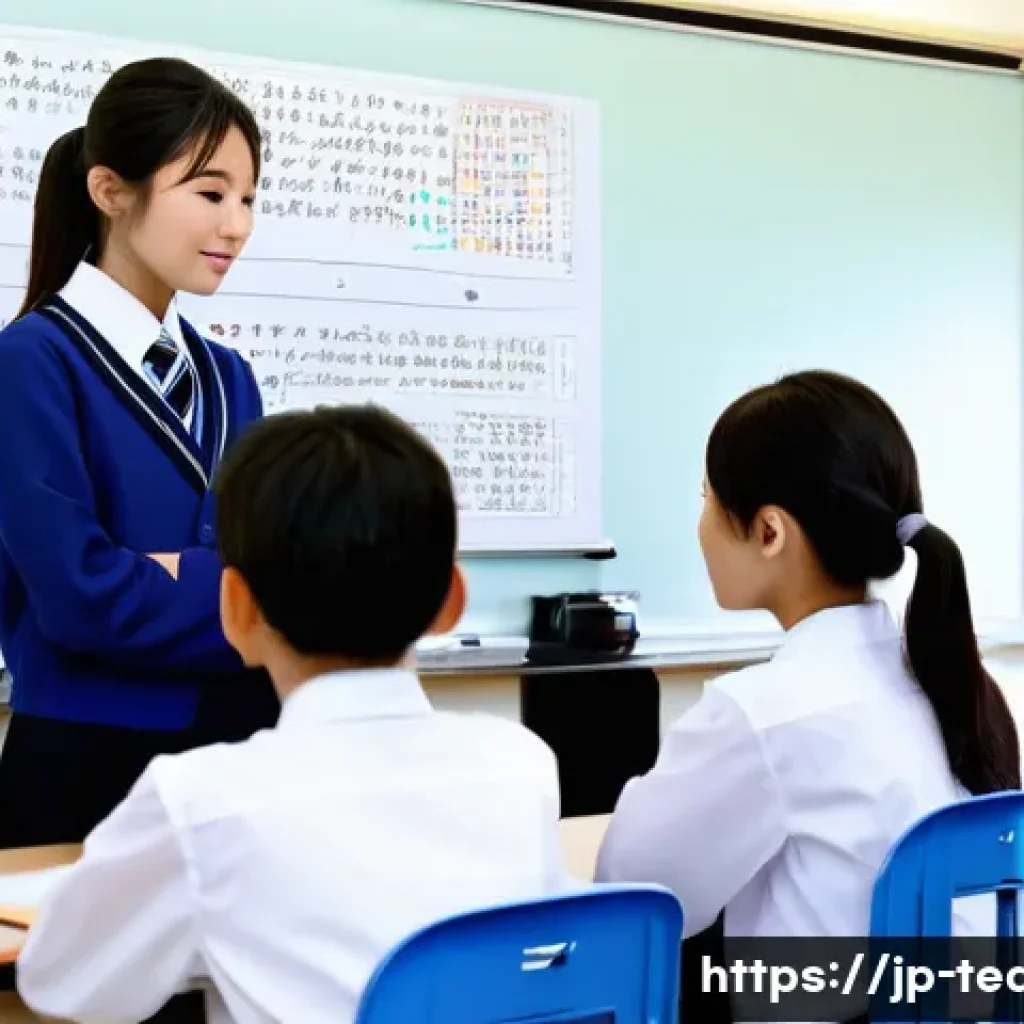 교사 수학 지도 방법 - **Prompt:** A vibrant Japanese high school classroom filled with natural light. Three to four divers...