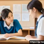 교사 진학 지도 상담 사례 - A modern Japanese high school counselor’s office scene showing a warm, approachable female counselor...