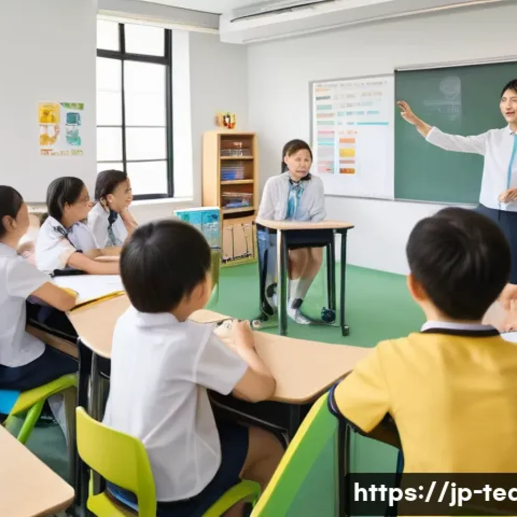 교사 학습자 중심 수업 설계 - A modern Japanese classroom scene focused on learner-centered design, featuring diverse students act...