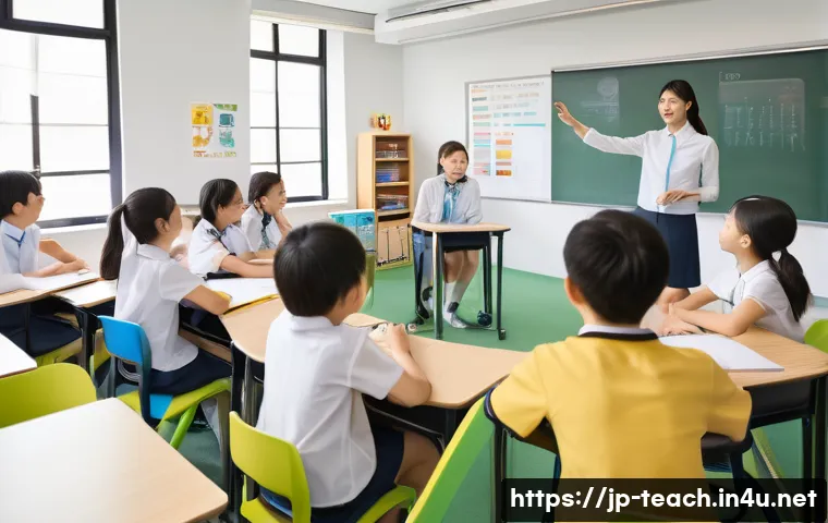 교사 학습자 중심 수업 설계 - A modern Japanese classroom scene focused on learner-centered design, featuring diverse students act...
