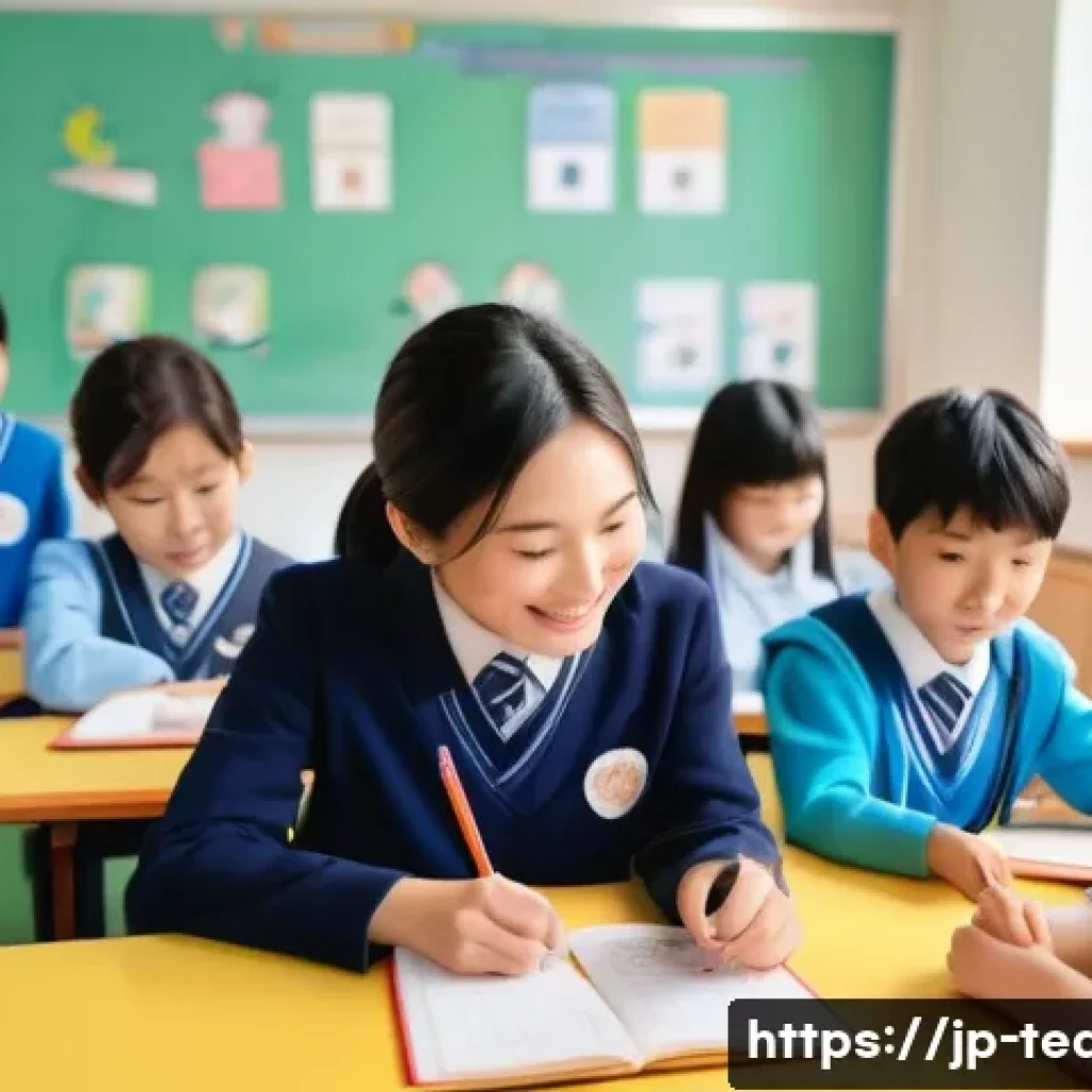 교사 전문성 강화를 위한 독서 추천 - A modern Japanese classroom scene showing a diverse group of elementary school students engaged in a...