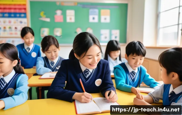 교사 전문성 강화를 위한 독서 추천 - A modern Japanese classroom scene showing a diverse group of elementary school students engaged in a...