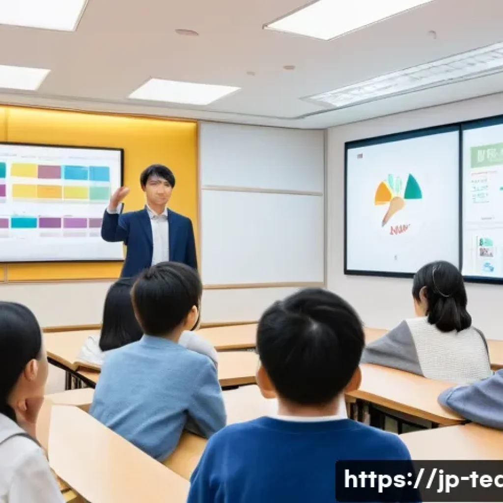 교사 학부모 대상 강의 준비법 - A modern Japanese classroom scene featuring a diverse group of educators and students engaging in an...