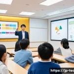교사 학부모 대상 강의 준비법 - A modern Japanese classroom scene featuring a diverse group of educators and students engaging in an...