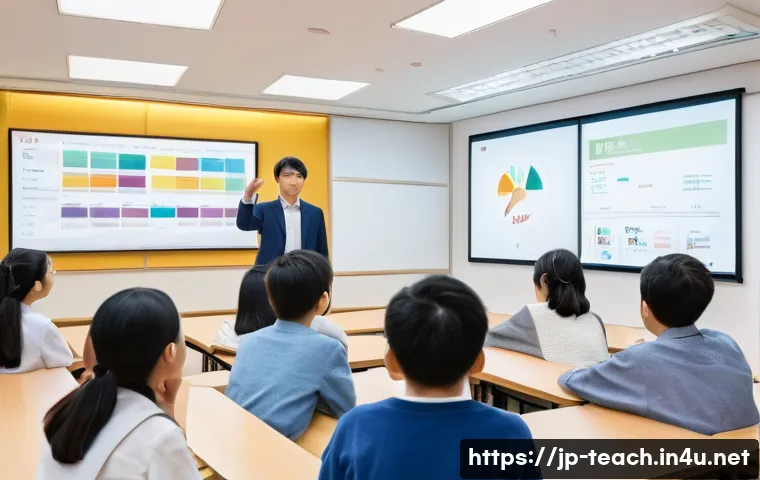 교사 학부모 대상 강의 준비법 - A modern Japanese classroom scene featuring a diverse group of educators and students engaging in an...