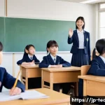 교사 수업 관찰 일지 작성법 - A modern Japanese classroom scene during a lesson observation: a female teacher in her 30s dressed i...