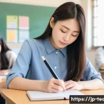 교사 반성일지 작성법 - A modern Japanese classroom scene immediately after a lesson ends, featuring a female teacher in sma...