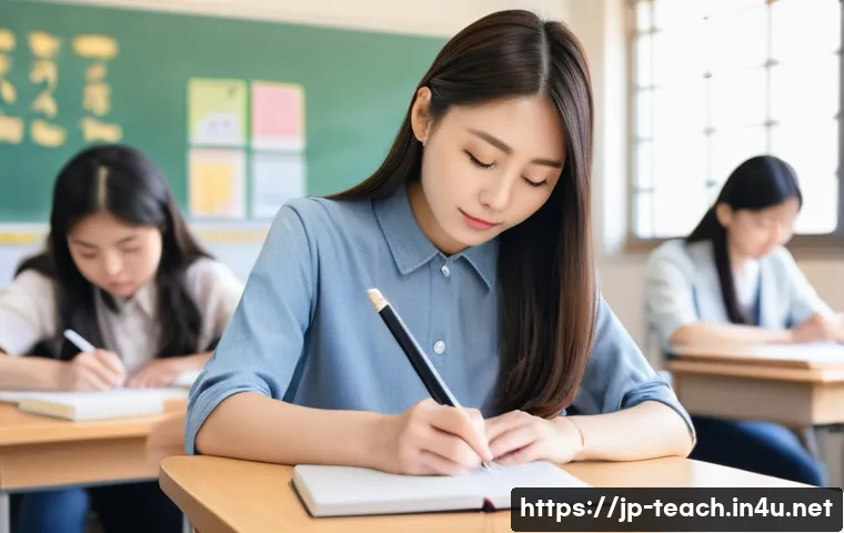 교사 반성일지 작성법 - A modern Japanese classroom scene immediately after a lesson ends, featuring a female teacher in sma...