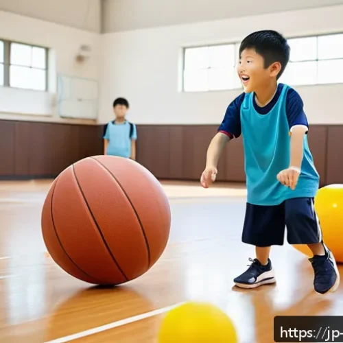 교사 체육 수업 진행법 - A lively and inclusive elementary school physical education class scene in a bright gymnasium, featu...