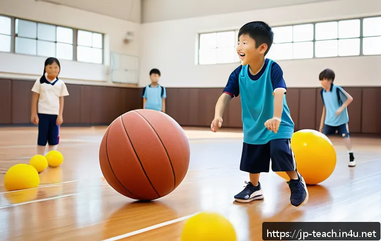 교사 체육 수업 진행법 - A lively and inclusive elementary school physical education class scene in a bright gymnasium, featu...
