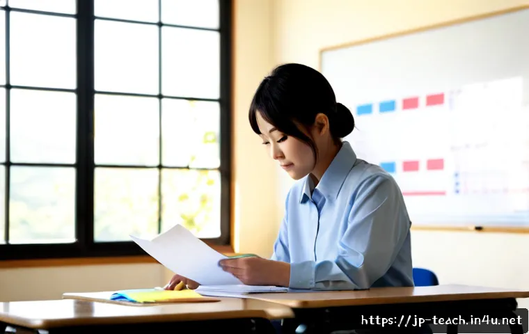 교사 교육목표 설정 사례 - Photorealistic Japanese elementary school teacher in a bright, tidy classroom, calmly planning educa...